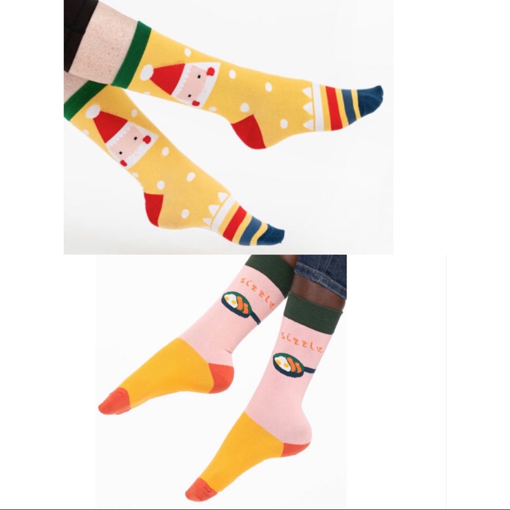 3/$15 2x funky cute socks eggs bacon breakfast Christmas Santa gift Pink Yellow